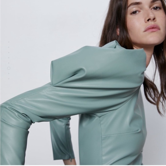 ZARA mint green leather puff sleeve dress - Picture 4 of 12